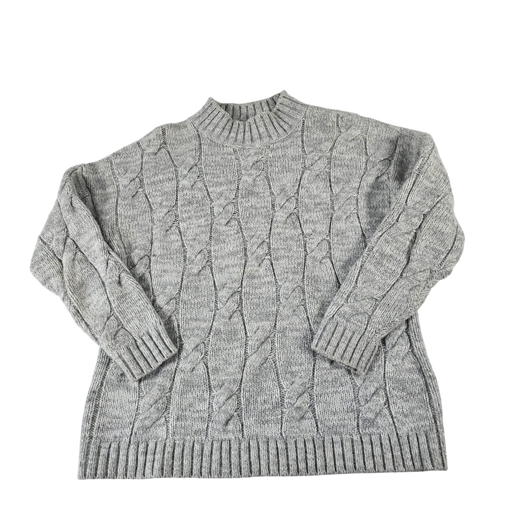 Lands End Womens Small Gray Cable Knit Mock Neck Cotton Blend Sweater 14286